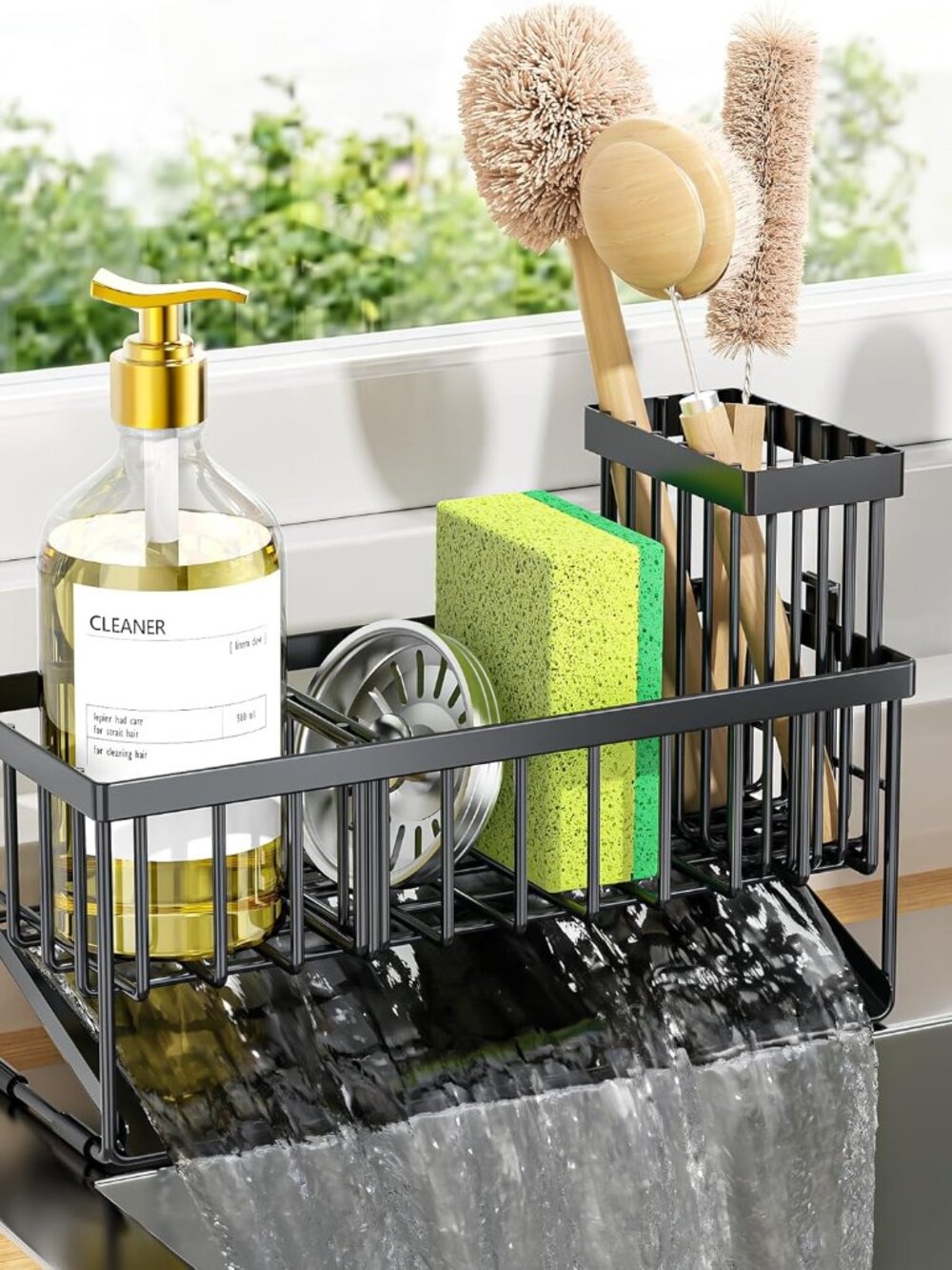 Sink Caddy Sponge Holder for Kitchen with Brush Holder and Stainless Steel Self